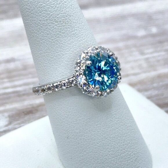 Sterling Silver Ring Sky Blue CZ Faceted Solitaire Halo Clear CZ Size 7.75 Prong - Picture 9 of 14